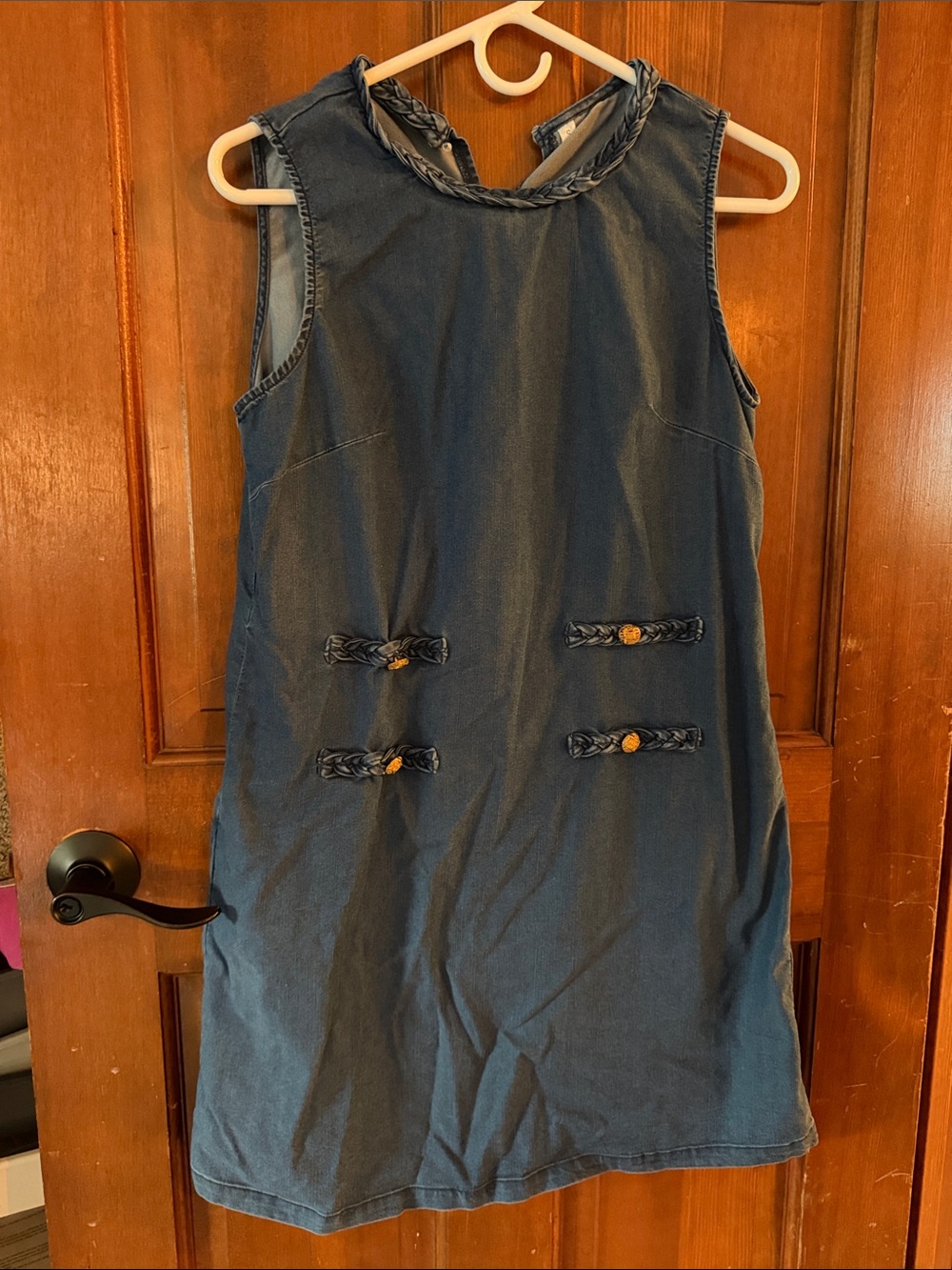 Sleeveless Denim Shift Dress with Braided Trim - Blue